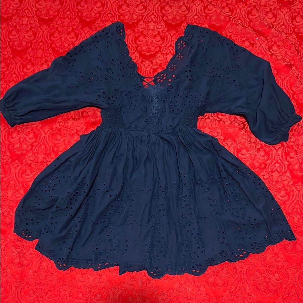 Free People Navy Blue Eyelet Babydoll Dress Women's XS Fits Like Small